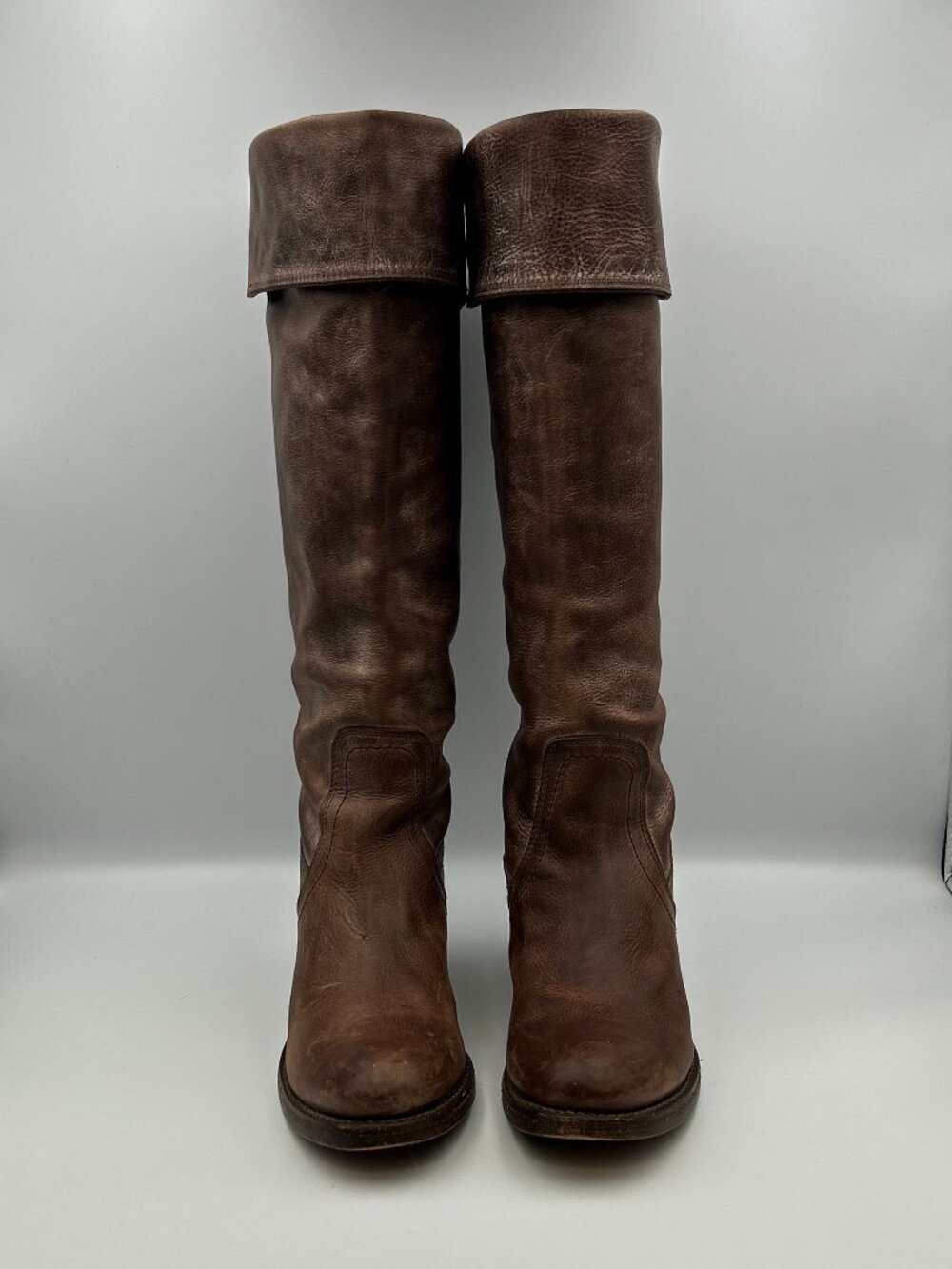 FRYE Jane Tall Knee High Cuffed Boot Size 7B Brown Leather Block Heel Pull On